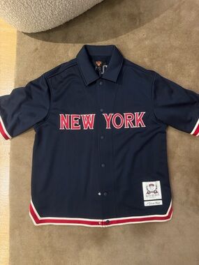 Kith Navy Short-Sleeve Button Baseball Jersey with Red and White Trim